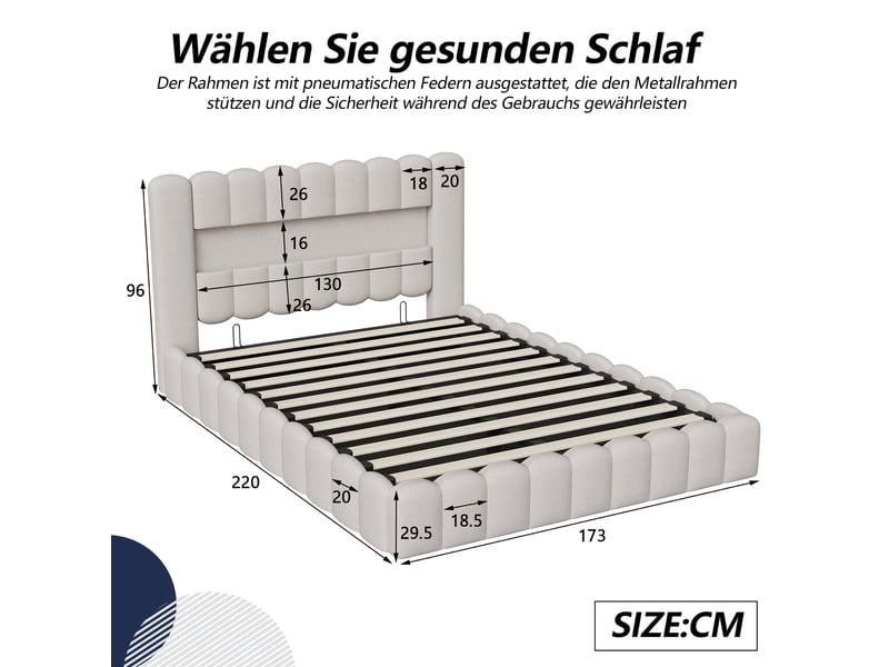  Lit coffre capitonné 160x200 cm, lit 2 places avec sommier, led et usb, rangement et tête de lit, lit adulte en lin, beige  - Conforama C