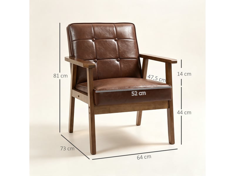  Fauteuil de salon, fauteuil de chambre en cuir synthétique, dossier capitonné, 64x73x81cm, pieds en bois massif, marron  - Conforama C