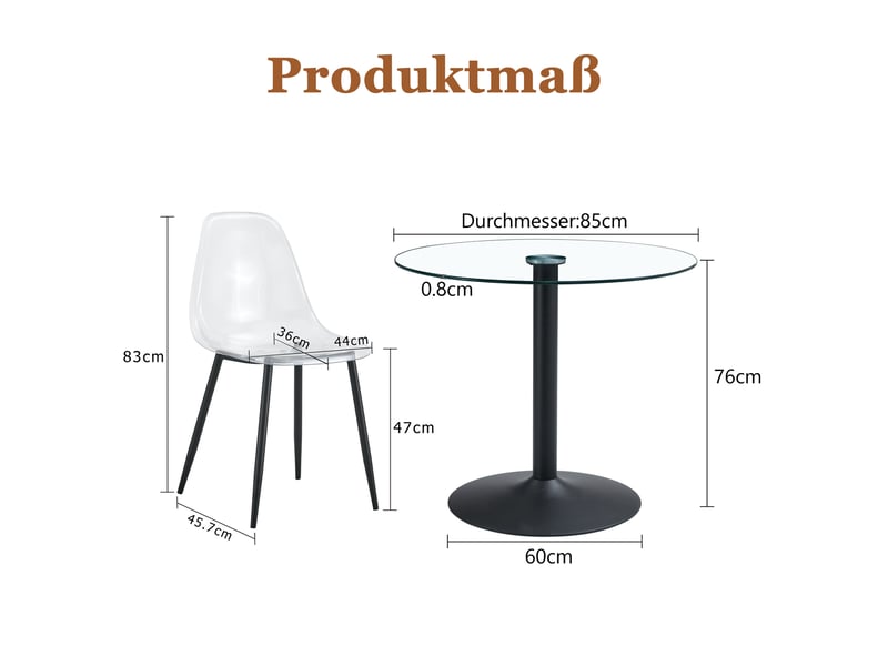  Ensemble table à manger avec 4 chaises, table ronde en verre trempé 85 cm, sièges transparents et piètement en métal noir  - Conforama E