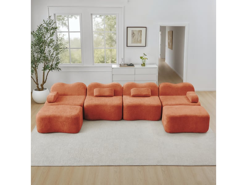  Canapé modulable 4 places en u, canapé en velours orange avec deux poufs, mousse haute densité 32d pour salon  - Conforama W