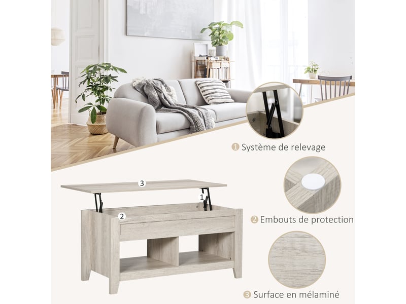  Table basse plateau relevable, table de salon avec étagères et compartiment caché,105 x 50 x 49-62,5 cm pour salon, aspect chêne clair, chambre  - Conforama R