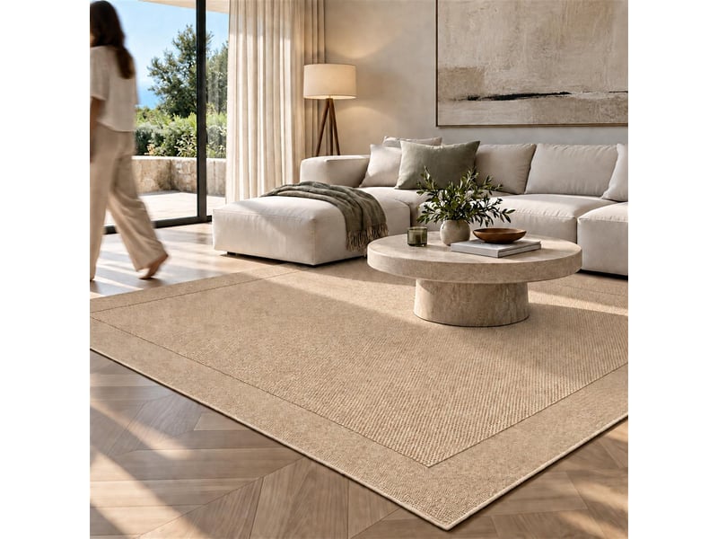 The white stone tapis extérieur avec bordure 160x230 cm beige | pour intérieur et extérieur, résistant aux uv et à l'eau, lavable | tapis en polypropylène tissé à plat effet sisal  - Conforama E