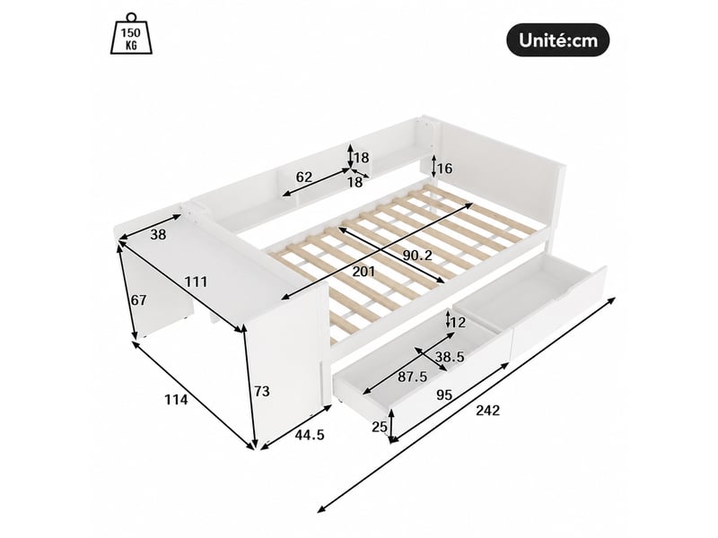  Lit bas simple 90x200 cm en bois avec bureau, 2 tiroirs et 3 étagères, barrières latérales, sans matelas, blanc  - Conforama D