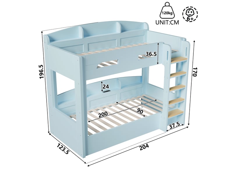 Lit superposé enfant 2 places 90×200 cm usb et étagères - okmyhome- bleu clair, sans matelas, bois et mdf - Conforama D