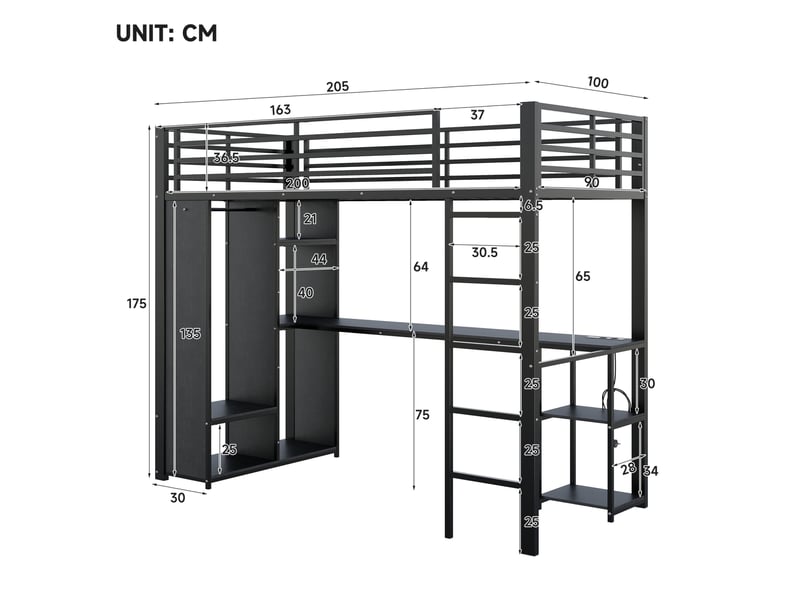  Lit mezzanine 90 × 200 cm avec bureau, étagères, armoire ouverte, led et prises usb pour chambre enfant noir  - Conforama C