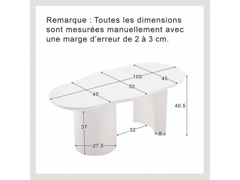  Table basse blanche 100 cm, forme irrégulière, en mdf laqué, design moderne avec bords arrondis  - Conforama C