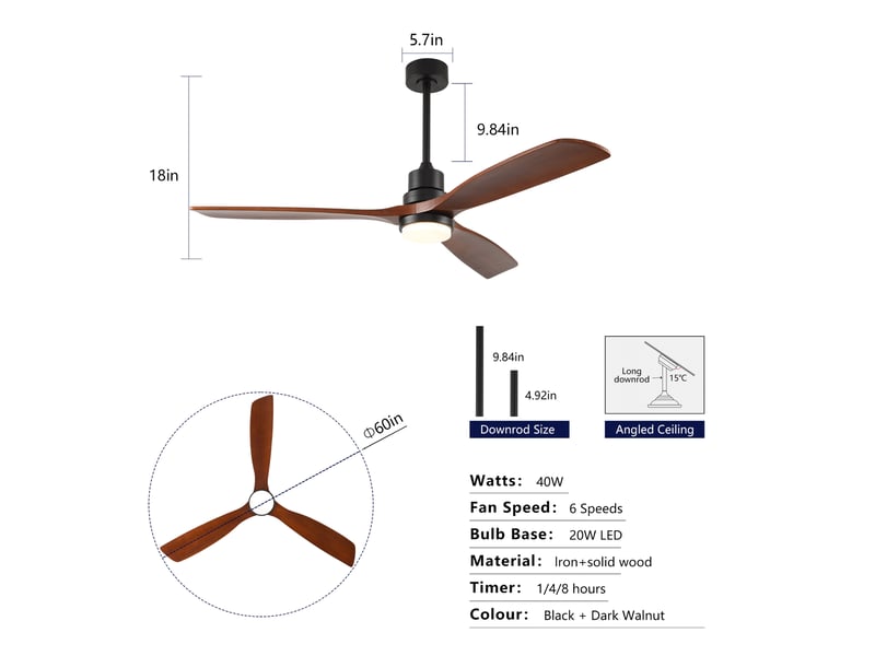 Ventilateur de plafond 150 cm éclairage led 3 pales bois massif noyer et noir réversible 6 vitesses télécommande silencieux - Conforama E
