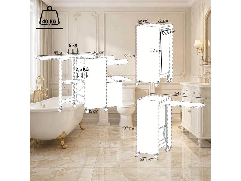  Meuble à repasser pliable 154x55x87 cm en mdf et lin avec rangement et roulettes chicfurn  - Conforama D