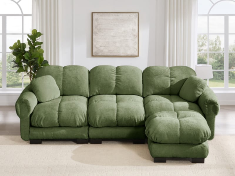  Canapé modulable d’angle en l, 3 places, avec pouf mobile, 260 x 149 x 90 cm, chenille vert  - Conforama B