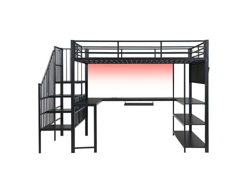  Lit mezzanine 120x200 cm avec bureau, led et escalier,  métal et mdf noir, sans matelas  - Conforama E