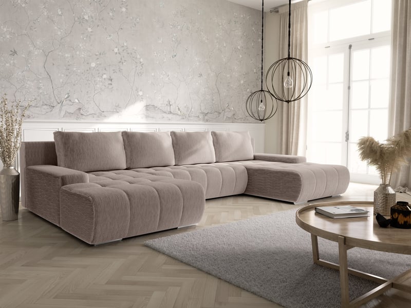 Canapé d'angle convertible velutti u velours côtelé poso crème, forme u avec coffre - Conforama B