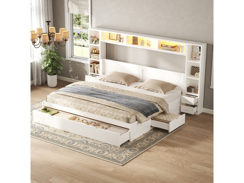  Lit plateforme 180 x 200 cm avec tête et pied de lit, 7 tiroirs, multiples rangements et éclairage led, blanc ABC - Conforama E