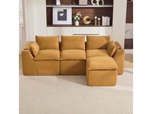 Canapé modulaire 3 places avec pouf assorti 256 x 161 x 75 cm - velours côtelé orange
