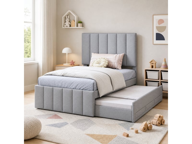  Lit gigogne 90x200 cm avec 3 tiroirs et tête de lit réglable, gris  - Conforama C