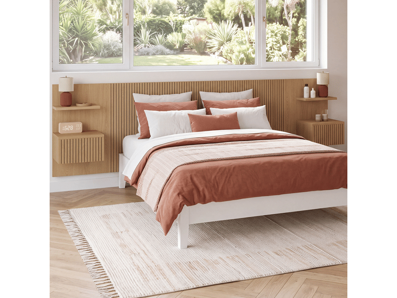  Tête de lit suspendue juliette 240 cm avec chevets + tiroir effet lattes tasseau bois  - Conforama B