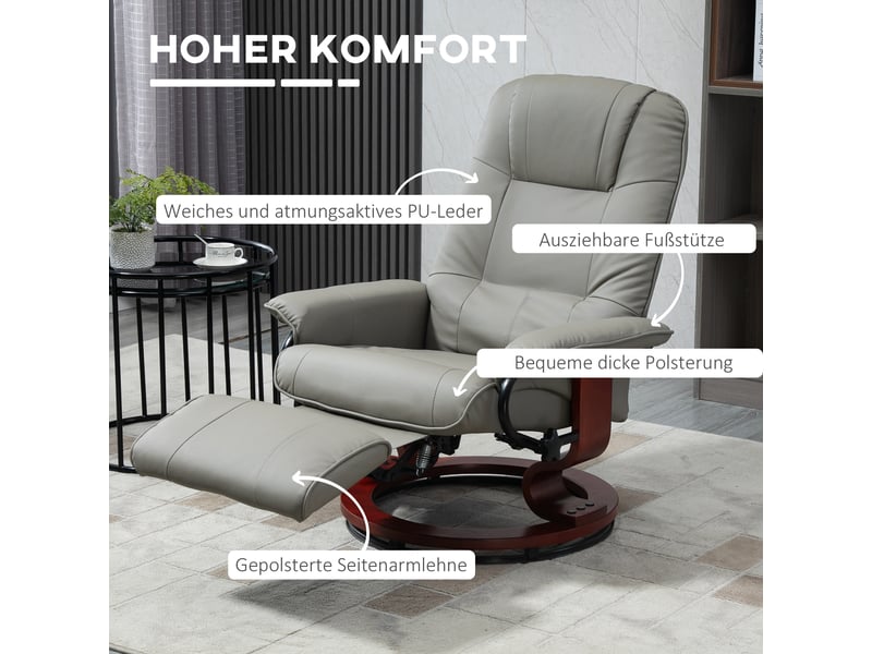 Fauteuil relax gris en simili cuir, pivotant à 360°, dossier inclinable à 145° avec repose-pieds manuel pour salon - Conforama B