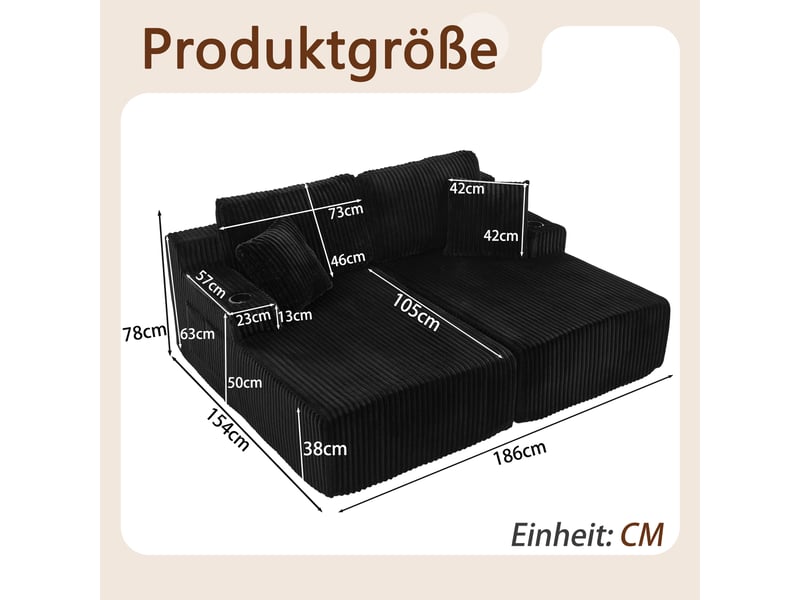 Canapé convertible 2 places avec porte-gobelet et poche latérale - coussins amovibles, velours côtelé noir - Conforama D