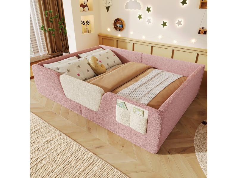  Lit enfant 140x190 cm avec barrières amovibles et poches en tissu rose  - Conforama E