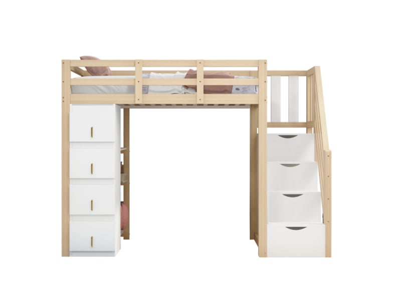 Lit mezzanine 90x200 cm, lit enfant avec escalier de rangement, sécurité et 4 tiroirs, en bois, naturel et blanc, sans matelas  - Conforama A