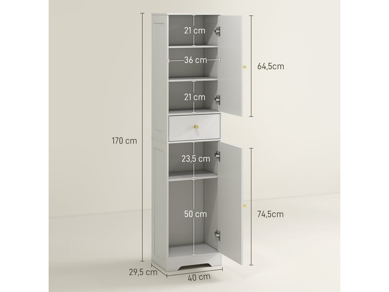  Meuble de salle de bain haut et étroit avec 2 portes cintrées, tiroir et étagères réglables, style moderne, 40 x 29,5 x 170 cm, finition bois blanc.  - Conforama E