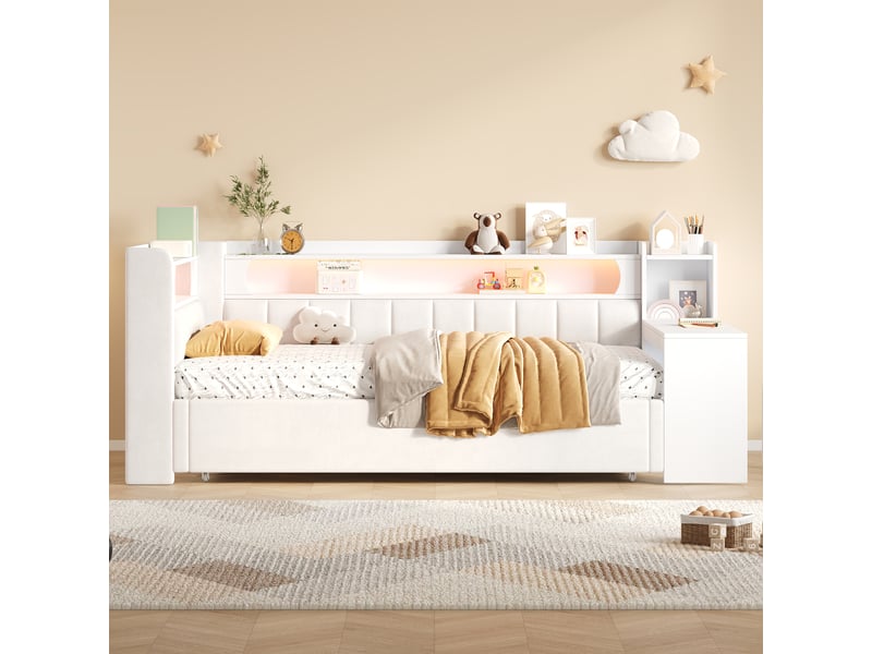 Lit banquette simple 90 × 200 cm extensible 180 × 200 cm, usb, led réglable et bureau, sans matelas, blanc - Conforama C