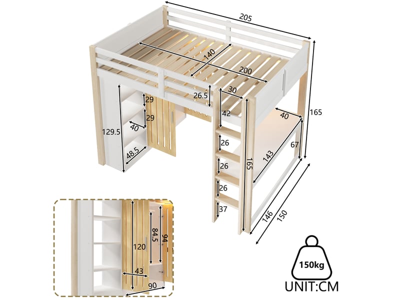 Lit mezzanine 140x200 cm avec armoire et étagères, lit surélevé en bois avec led et rangements intégrés, blanc et naturel OPULERANE TRADING LTD - Conforama C