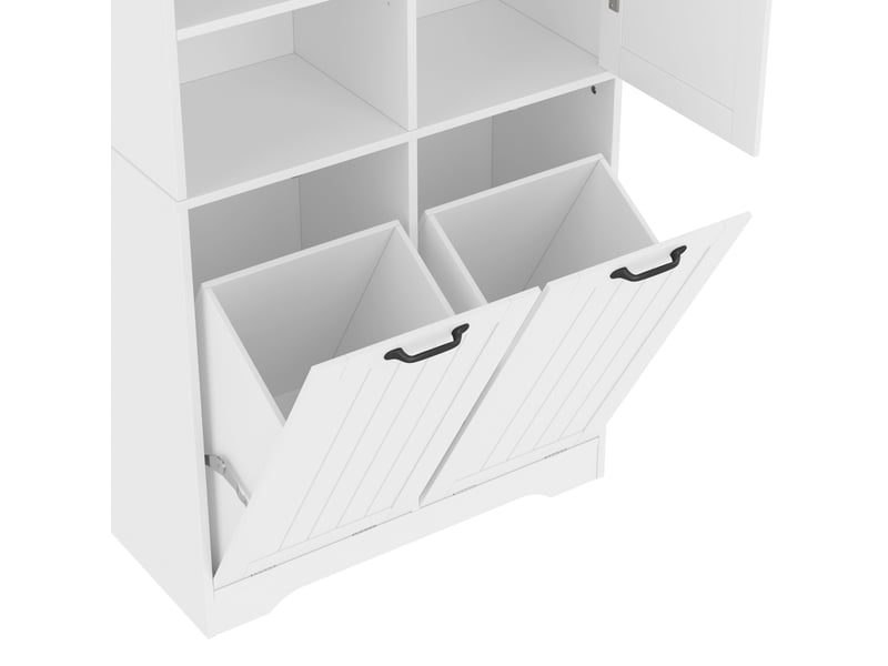  Armoire de salle de bains blanche en mdf avec 2 paniers à linge, rangements ouverts et étagères réglables  - Conforama D