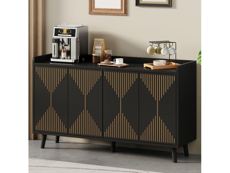  Buffet 140x40x84 cm à 4 portes avec étagères réglables en mdf noir  - Conforama D