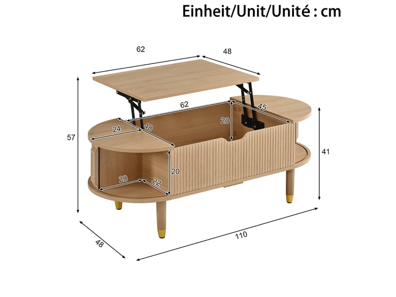  Table basse ovale relevable 110x48x57 cm avec rangement mdf naturel  - Conforama C