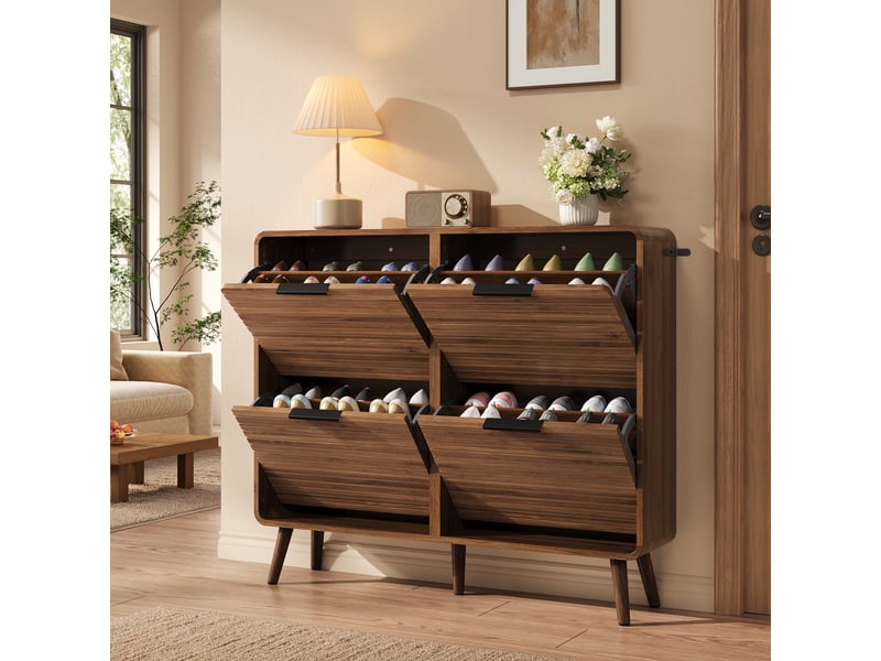  Meuble à chaussures 105 x 24 x 91 cm, 4 abattants pour 18 à 24 paires, armoire d'entrée étroite, façades à lattes, coloris noyer ABC - Conforama B