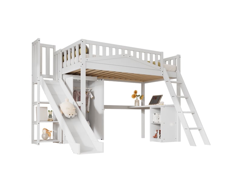  Lit mezzanine 90x200 cm, lit enfant avec toboggan bureau et armoire intégrée, gain de place en bois de pin et mdf, blanc  - Conforama A