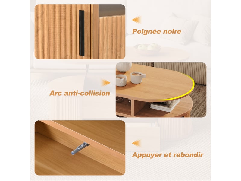  Table basse ovale 100x50x40 cm avec tiroir et portes, finition aspect bois clair naturel  - Conforama R