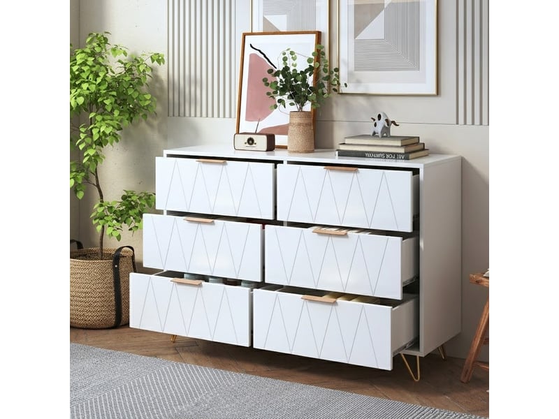 Commode chambre adulte bois, 34x100x72.5 cm commode 6 tiroirs meuble de rangement, table de chevet tables d'appoint avec tiroir, blanc - Conforama B