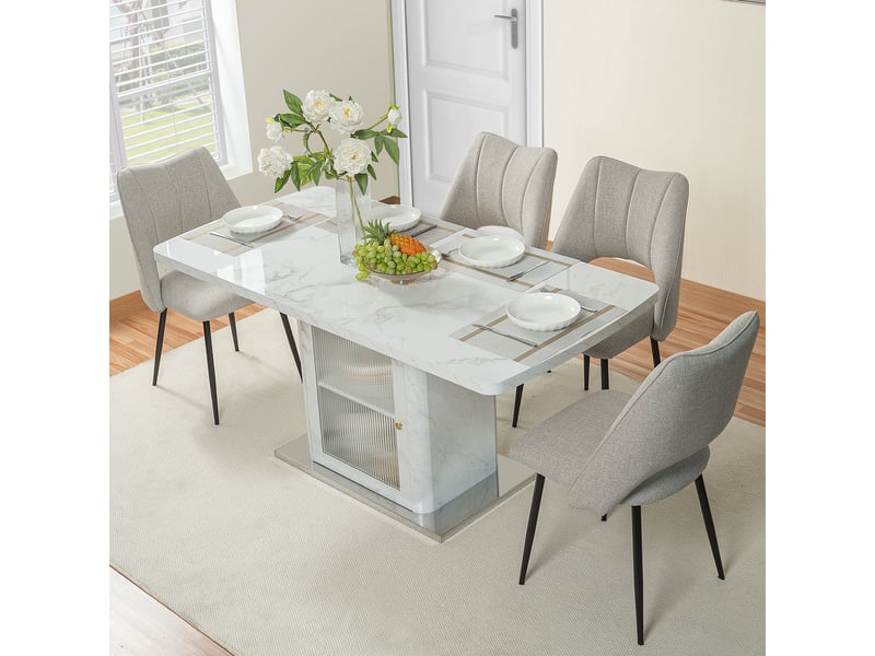  Table à manger extensible 120-160 x 80 cm avec meuble de rangement intégré, plateau mdf effet marbre blanc, porte vitrée et base métal  - Conforama B