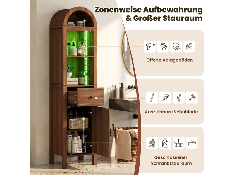 Armoire de salle de bains haute 163 cm en mdf bois foncé avec led rgb et porte réversible, rangement optimisé - Conforama E