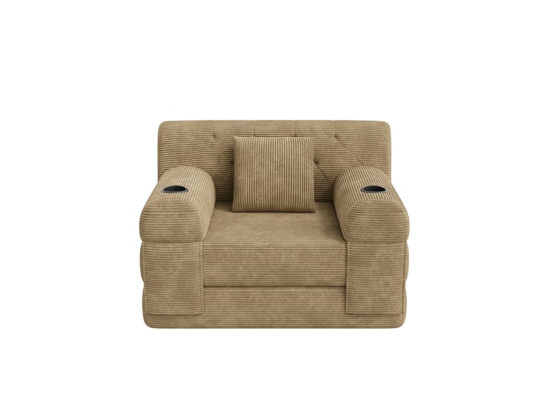 Canapé convertible compressé 1 place en velours côtelé beige, 4 poches et 2 porte-gobelets - Conforama E