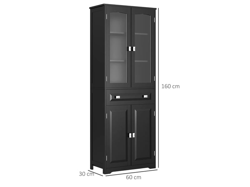  Buffet haut armoire de cuisine 4 portes dont 2 portes vitrées et 1 hauteur tiroir 160 cm avec étagères en bois noir  - Conforama C