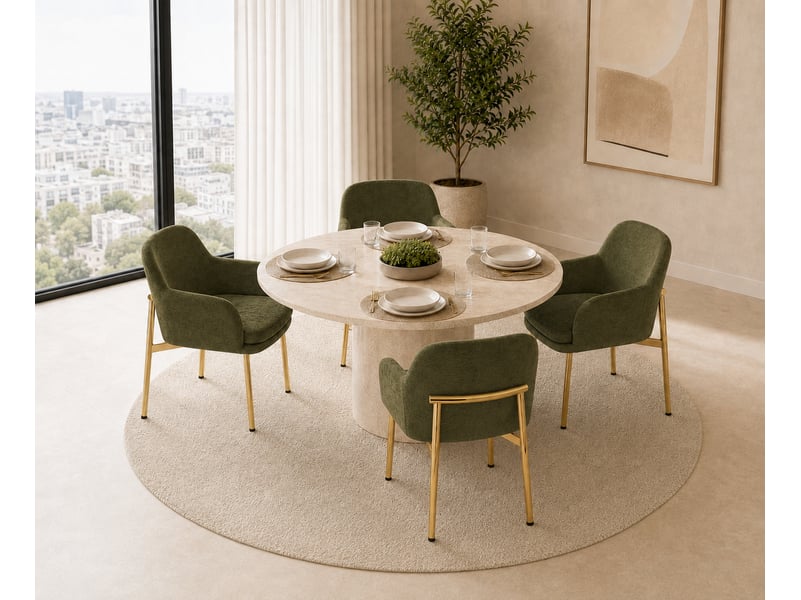  Lot de 4 chaises de salle à manger vertes avec accoudoirs, dossier ergonomique, pieds métal doré, patins réglables, charge 125 kg, modernes  - Conforama B