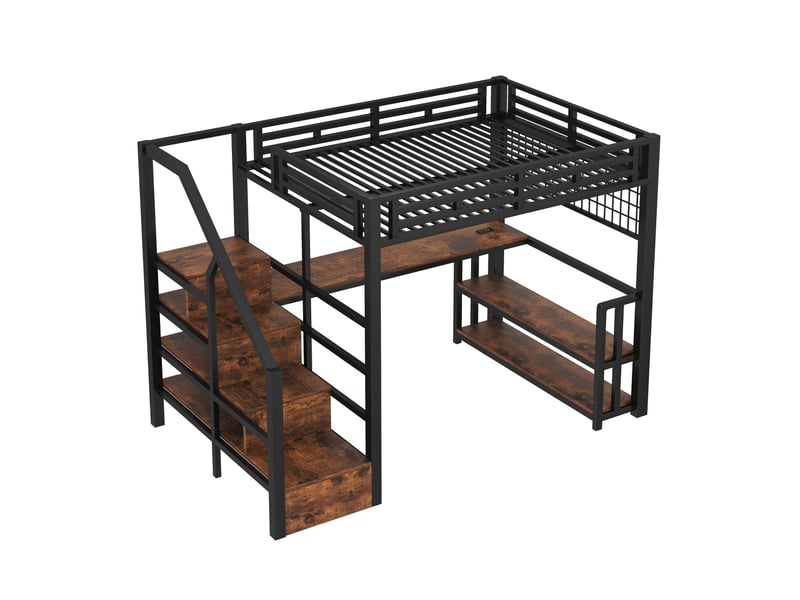  Lit mezzanine 140x200 cm fer noir - bureau intégré, étagère, panneau suspendu, escaliers de rangement, led &amp; usb-c  - Conforama A