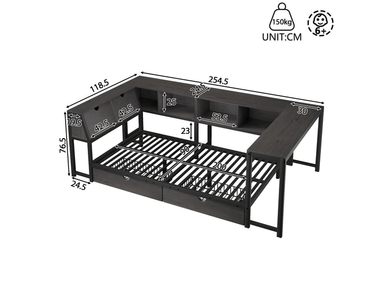  Lit simple 90x200 cm en métal et mdf noir avec bureau, rangement et led  - Conforama C