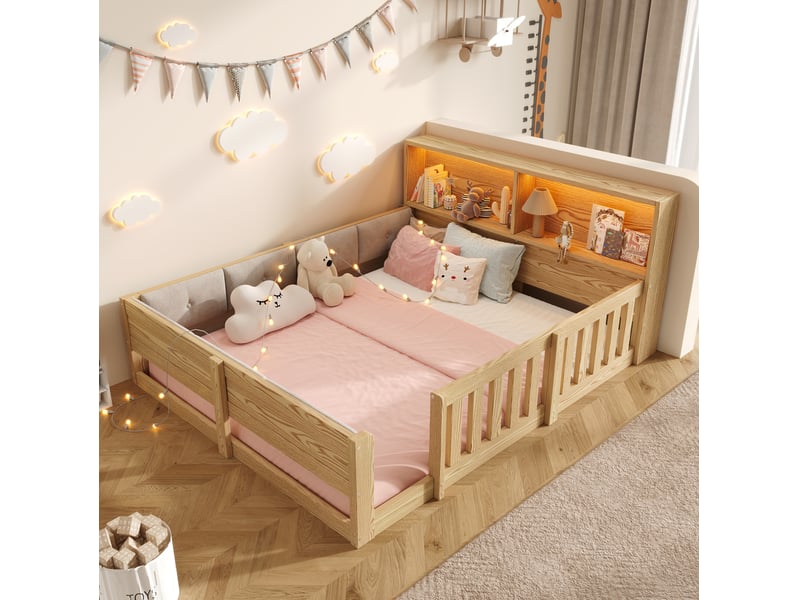  Lit enfant 140 × 200 cm 2 places avec barrières, rangements et led réglable, sans matelas, rembourré, naturel  - Conforama B