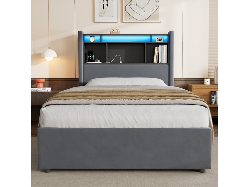  Lit coffre 90x200 cm hydraulique velours gris, cadre lit avec rangement sous lit, led et station de recharge, sans matelas  - Conforama D