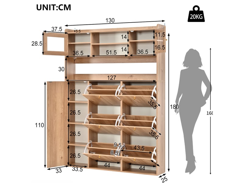  Meuble à chaussures 130x25x180 cm avec led et 6 abattants, coloris naturel  - Conforama C