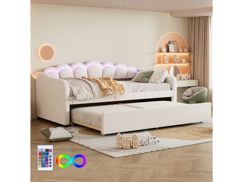  Lit gigogne 90x200 cm - lit simple avec lit tiroir et bande led intégrée - sans matelas - finition en velours résistant - beige  - Conforama E