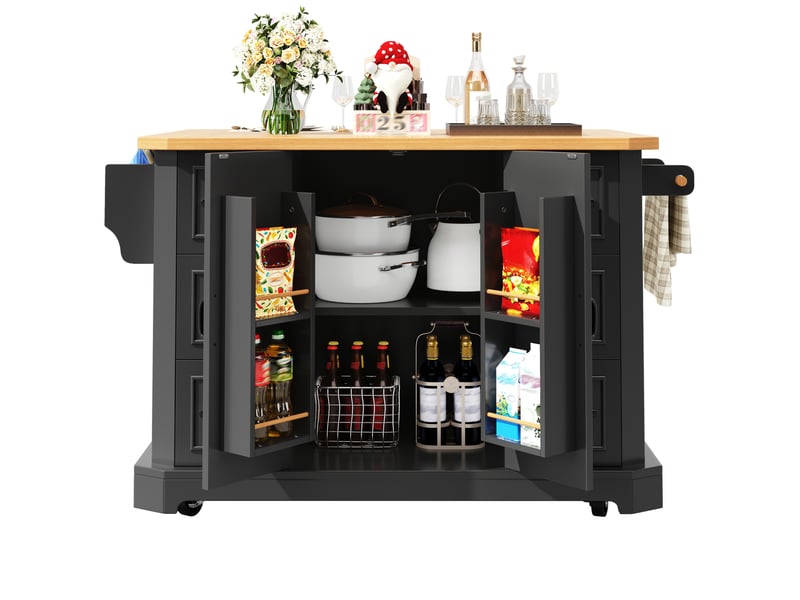 Desserte de cuisine 120 x 45 x 91 cm noire en mdf et métal, 2 portes, 6 tiroirs et roulettes freinées