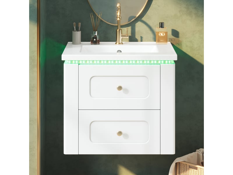  Meuble vasque mural blanc brillant 61 cm avec lavabo céramique, led, tiroirs et étagère latérale réglable  - Conforama B