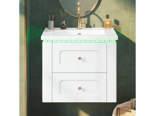 Meuble vasque mural blanc brillant 61 cm avec lavabo céramique, led, tiroirs et étagère latérale réglable