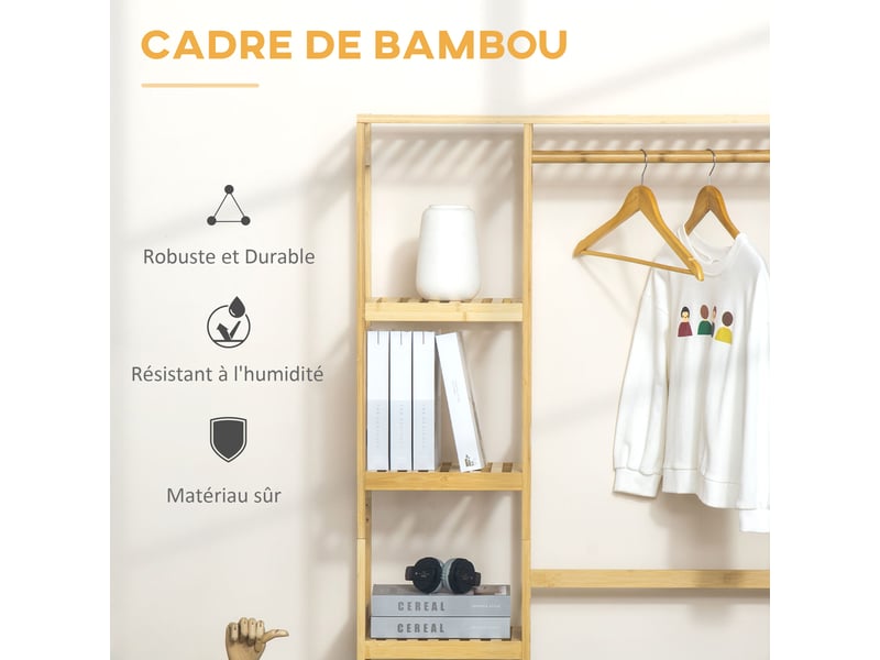 Portant à vêtements bambou penderie porte-manteaux dim. 90l x 30p x 155h cm - avec étagères, tringle et 2 patères  - Conforama E