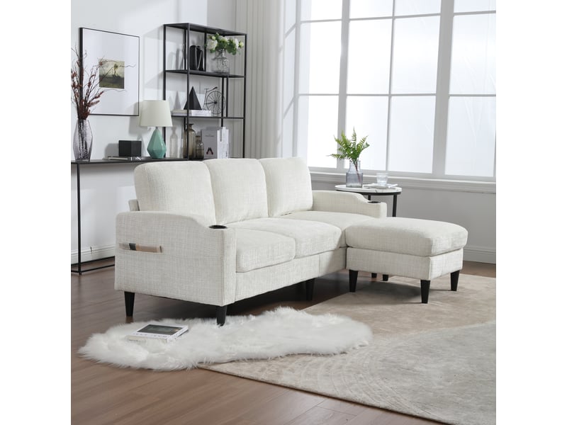  Canapé 4 places 196,5 x 75 x 77 cm avec pouf, rangement, accoudoirs confortables, porte-gobelets, poches latérales, pieds plastique, velours , beige Bliss Lite - Conforama E