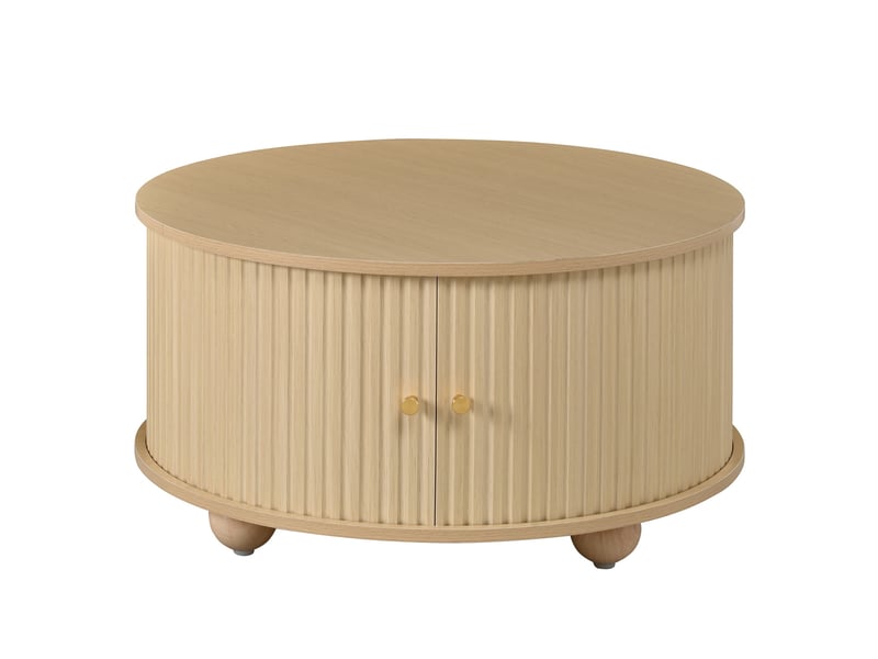  Table basse ronde 72x72x38 cm - table de salon rétro avec 2 portes coulissantes cannelées et 4 compartiments de rangement – mdf - naturel  - Conforama A